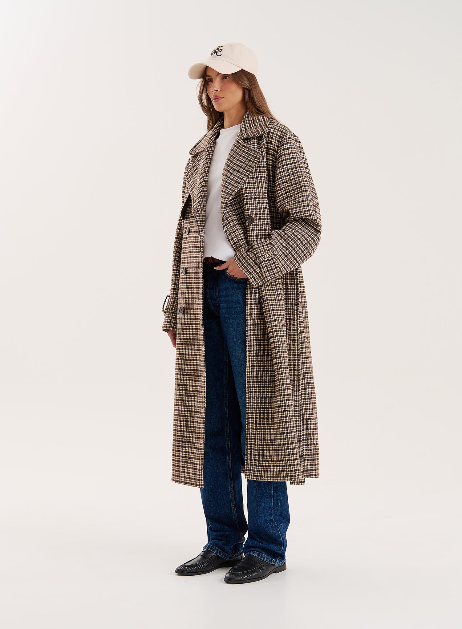 Brown Checked Belted Wool-Blend Trench Coat